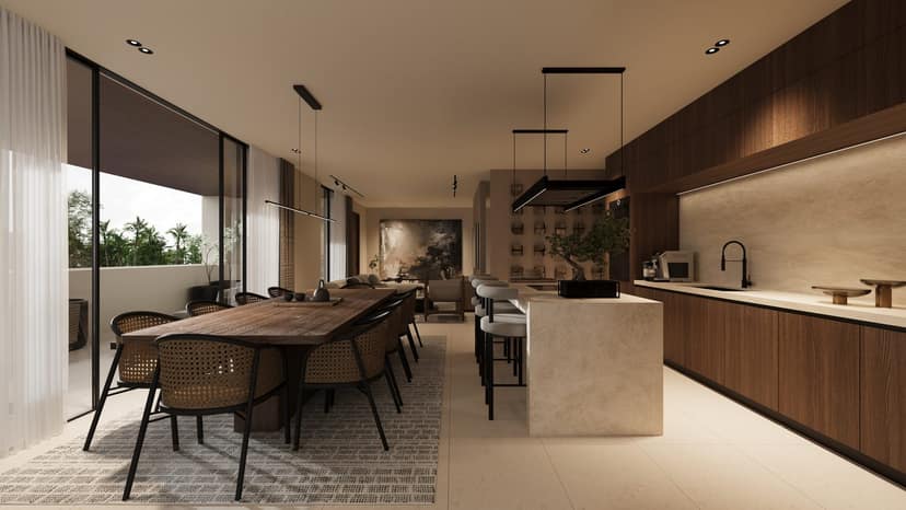 Comedor y cocina de un Sky Home con salida a terraza