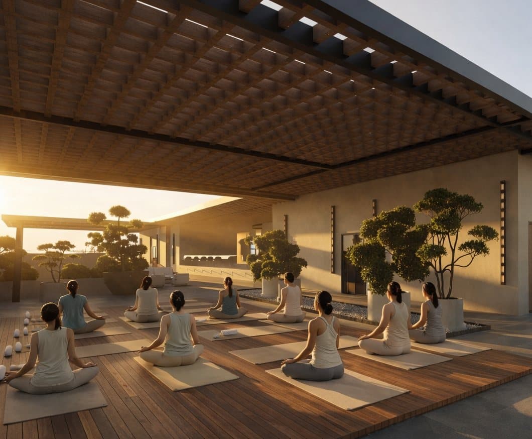 Clase de yoga al amanecer en la cubierta del Sky Park de Zen Park