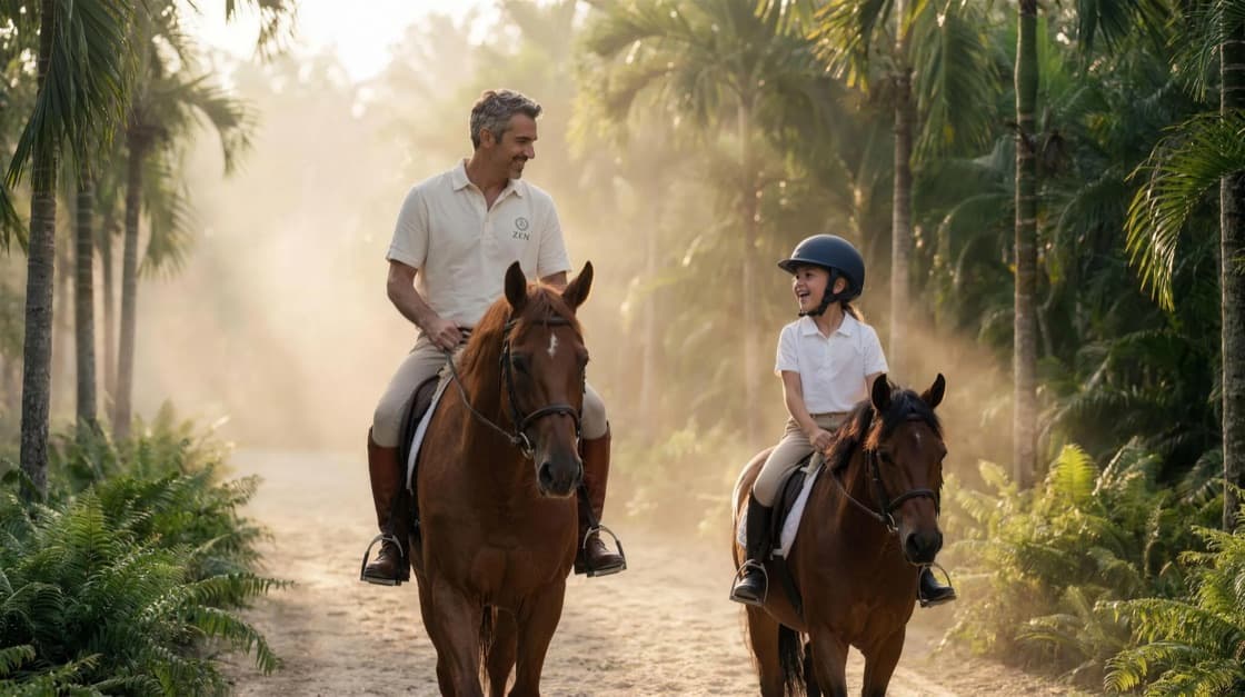 Padre e hija a caballo por un sendero entre palmas en el Distrito Hípico de Cancún.